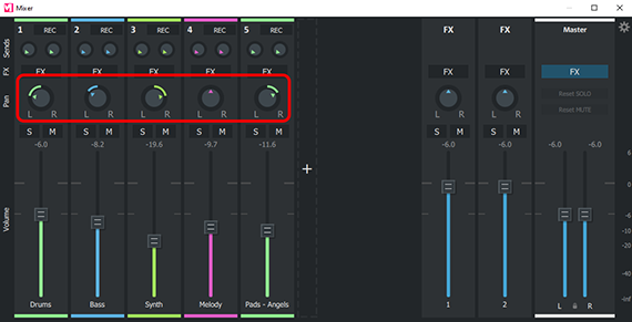 Pan-Regler im Mixer Screenshot MUSIC MAKER - Stereoposition definieren mit den Pan-Reglern