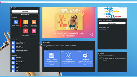 Projekt anlegen Im Startdialog von Music Maker ein neues Projekt anlegen