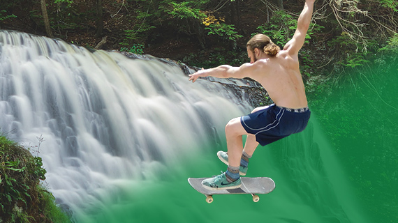 Green screen use scenario depicts a skater half in front of a waterfall, half in front of the green screen Skater visualized during the green screen editing process