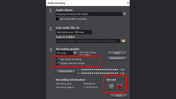Dubbing: Recording settings Dubbing: Audio recording dialog